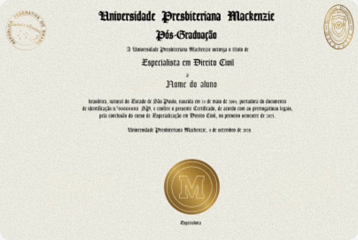Modelo do certificado de pós-graduação da Universidade Presbiteriana Mackenzie
