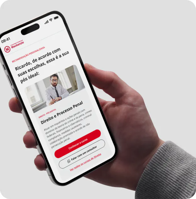 Celular exibindo a recomendação personalizada do Teste de Perfil Profissional